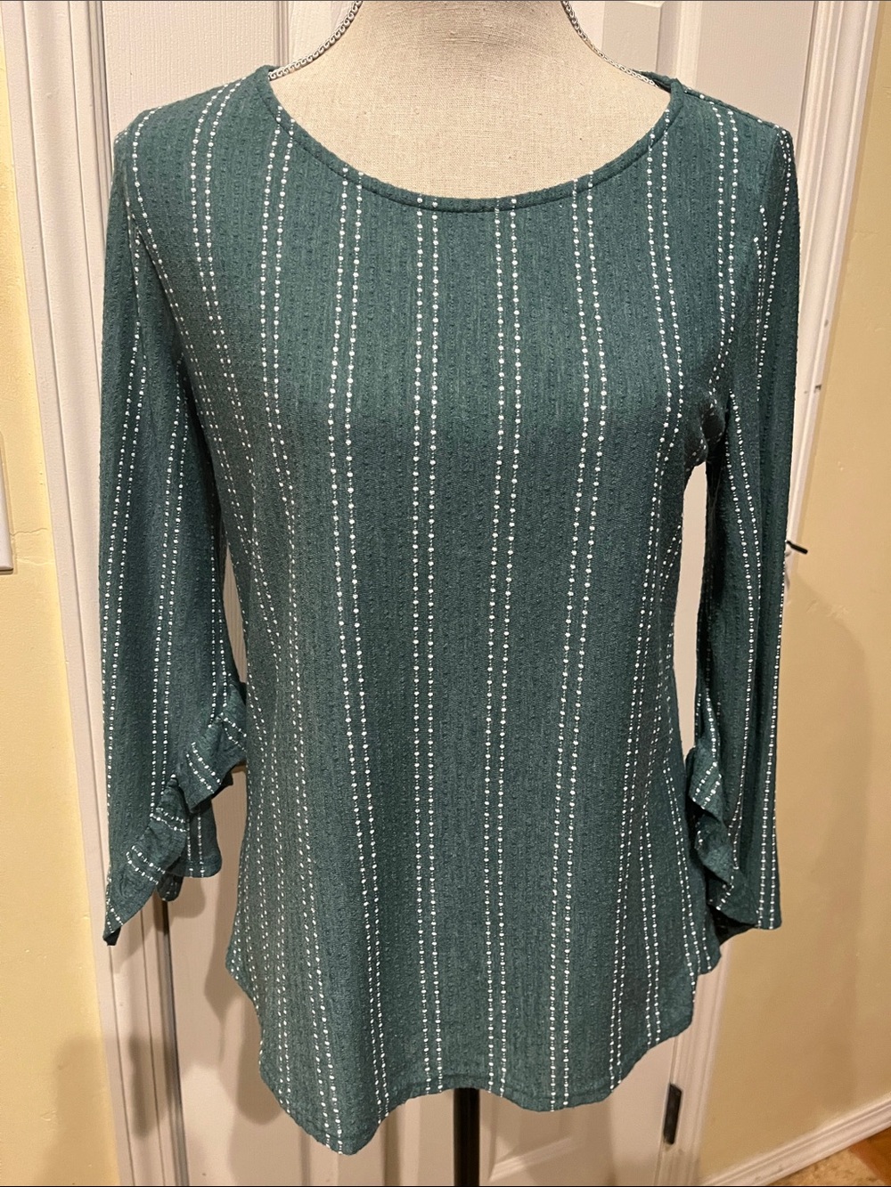 W5 Green Vertical Stripe Ruffle-Sleeve Top